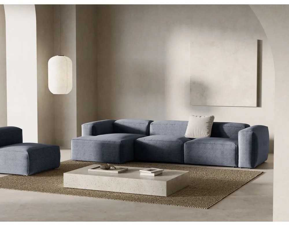 Colțar albastru prăfuit cu tapițerie din catifea reiată (cu colț pe partea stângă/cu șezlong) Bergamo – Cosmopolitan Design