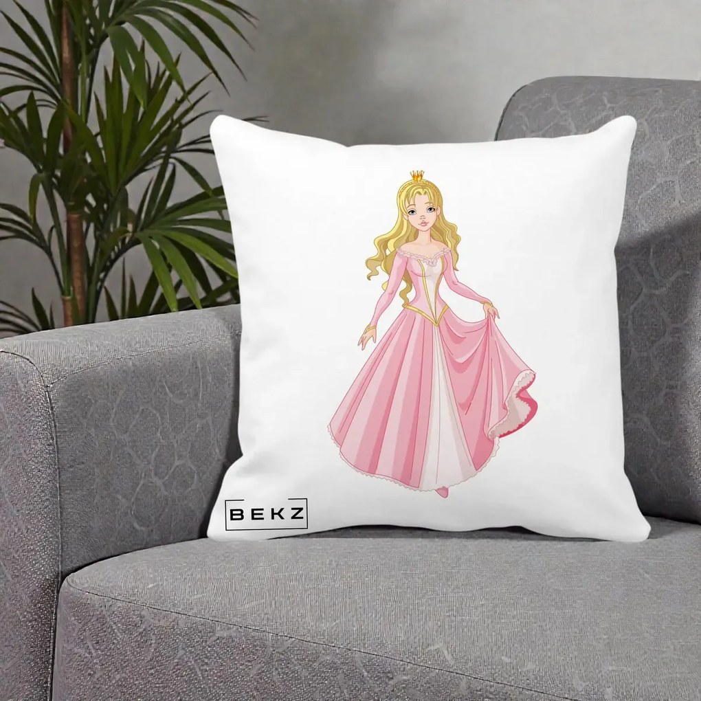 Perna Decorativa Printesa Aurora Rochie Roz, 40x40 cm, Alba Mata, Husa Detasabila, Perna Inclusa, BEKZ®