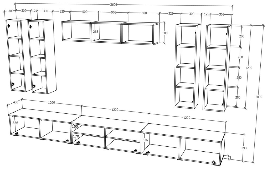 Living haaus Haga V4, Alb Lucios/Negru, MDF, L 360 cm