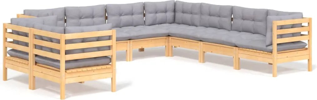vidaXL Set mobilier de grădină cu perne gri, 9 piese, lemn masiv pin