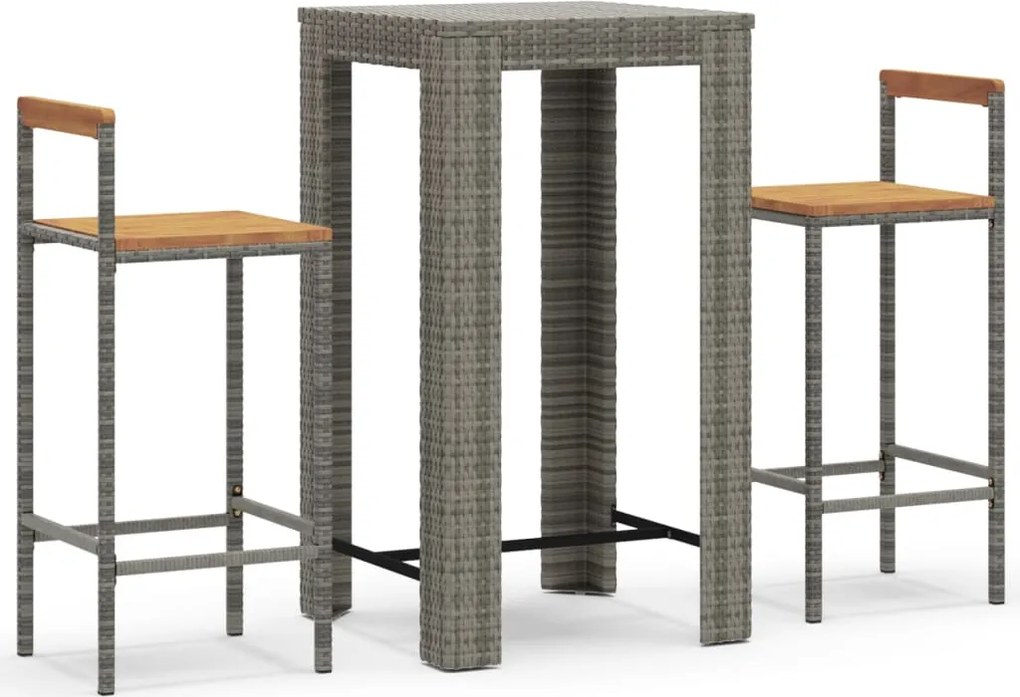 vidaXL Set bar pentru grădină, 3 piese, gri, poliratan/lemn acacia