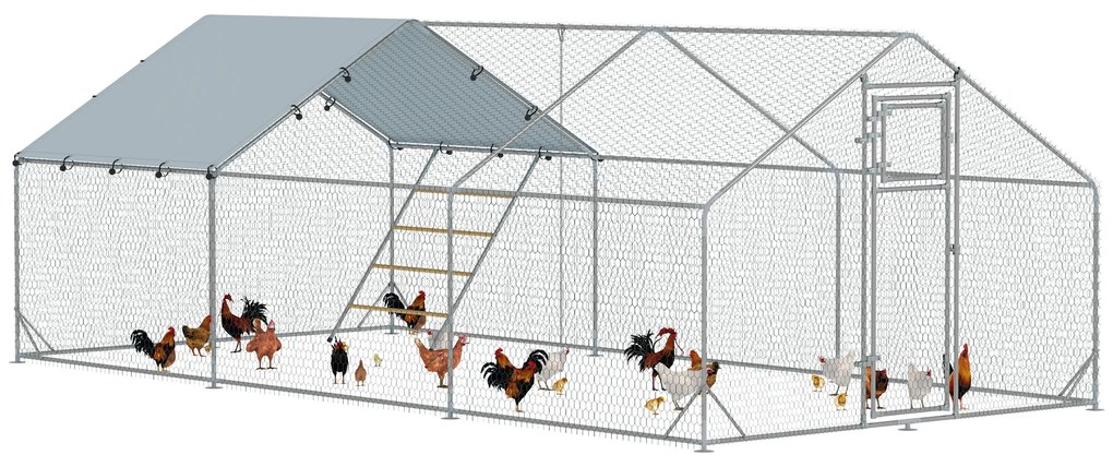 PawHut Grajd pentru pui, Incinta pentru pui de grajd, cu Pânză rezistentă la UV, Plasă de sârmă de oțel, Automat pentru furaje, pentru 18-24 pui | Aosom Romania
