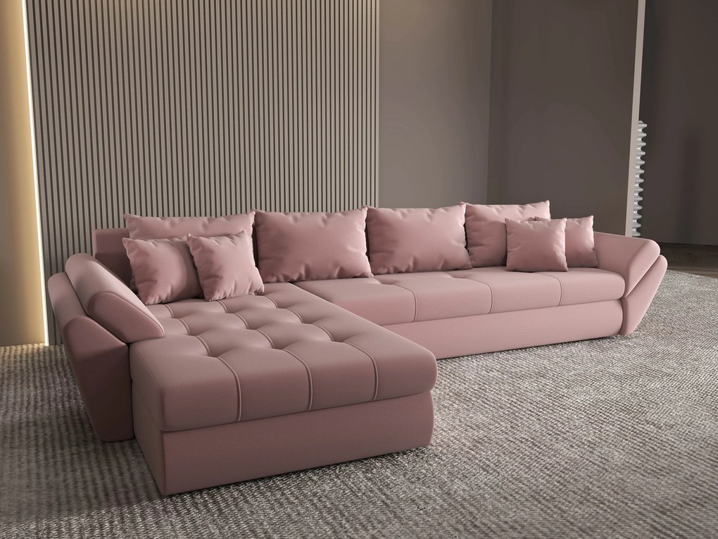 Colțar extensibil dumonde cu ladă de depozitare si sezut confortabil din spuma high-density, Loana XL Royal Roz 335x185 cm