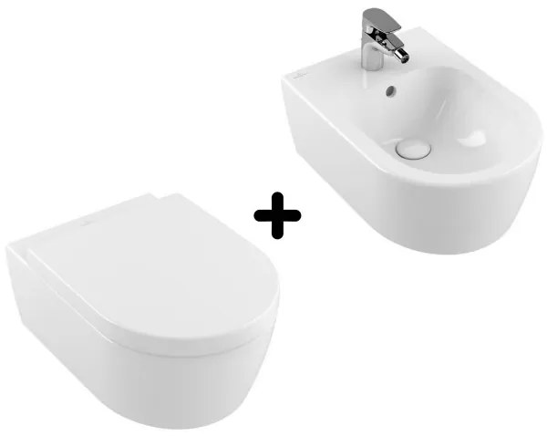 Pachet vas WC rimless suspendat + bideu suspendat, Villeroy&Boch Avento, DirectFlush, cu capac WC inchidere lenta