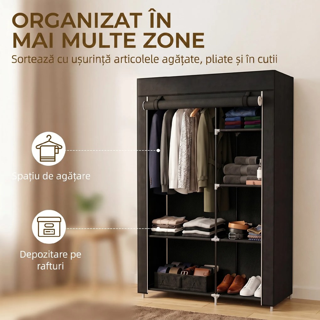 HOMCOM Dulap Portabil din Material, Dulap cu 6 Rafturi Deschise, 1 Bară și Ușă cu Fermoar, 103x43x162,5 cm, Negru | Aosom Romania