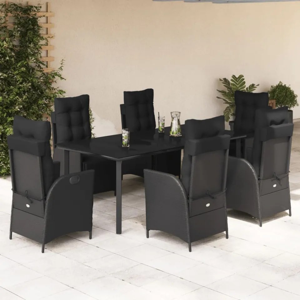 Set mobilier de grădină cu perne, 7 piese, negru, poliratan