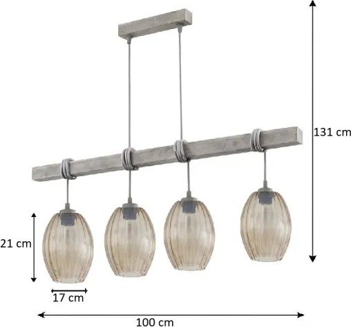 Brilagi - Candelabru suspendat pe cablu WOOD GLASS 4xE27/60W/230V pin/gri/maro fumuriu