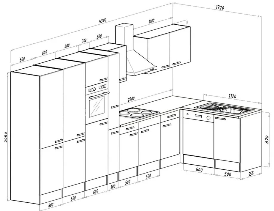 Mobilă de bucătărie de colț Yorki 430, corp din stejar Yorki, față alb satinat, frigider sub blat
