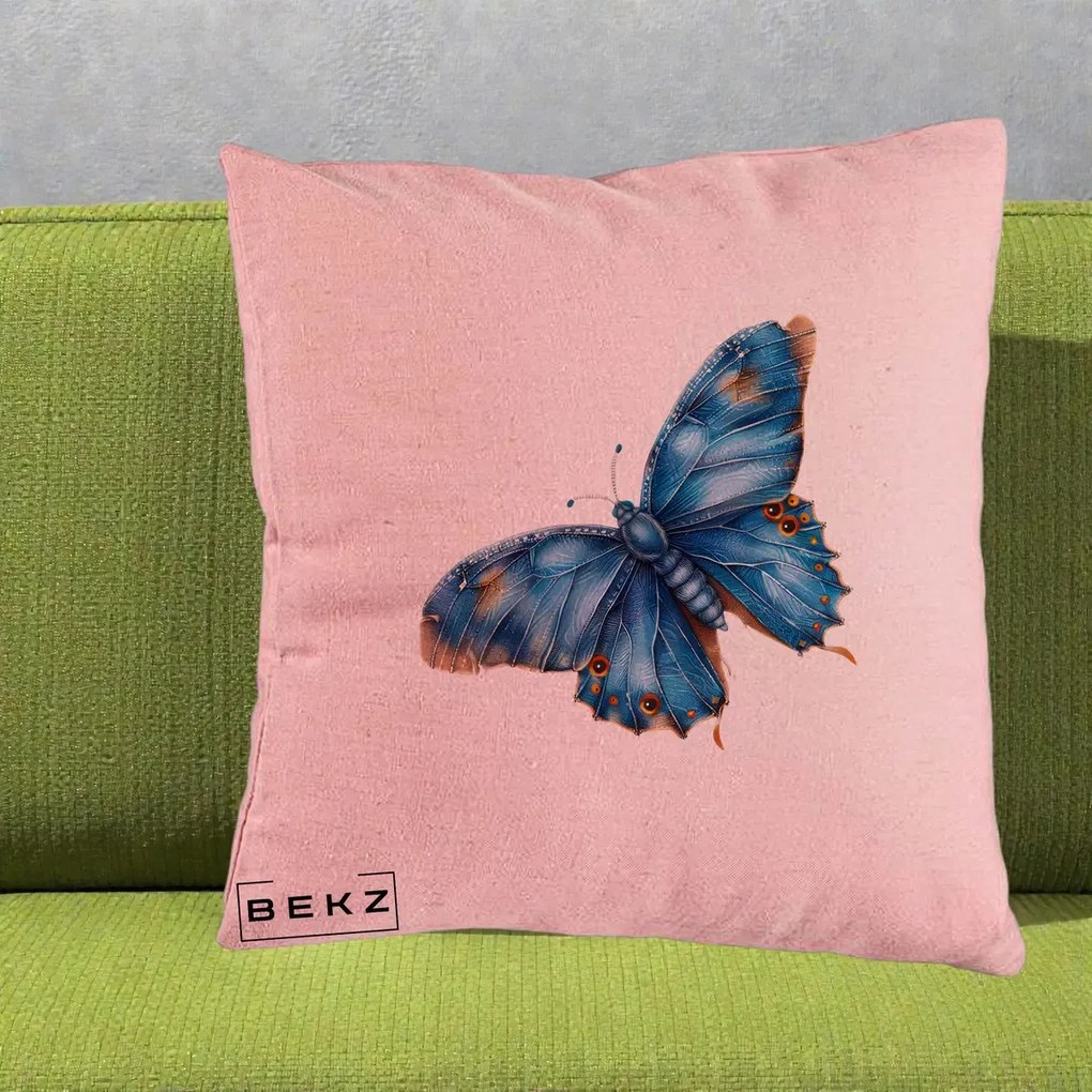 Perna Decorativa Fluture Albastru Satin cu Pete Aurii, 40x40 cm, Roz, Husa Detasabila, Perna Inclusa, BEKZ®