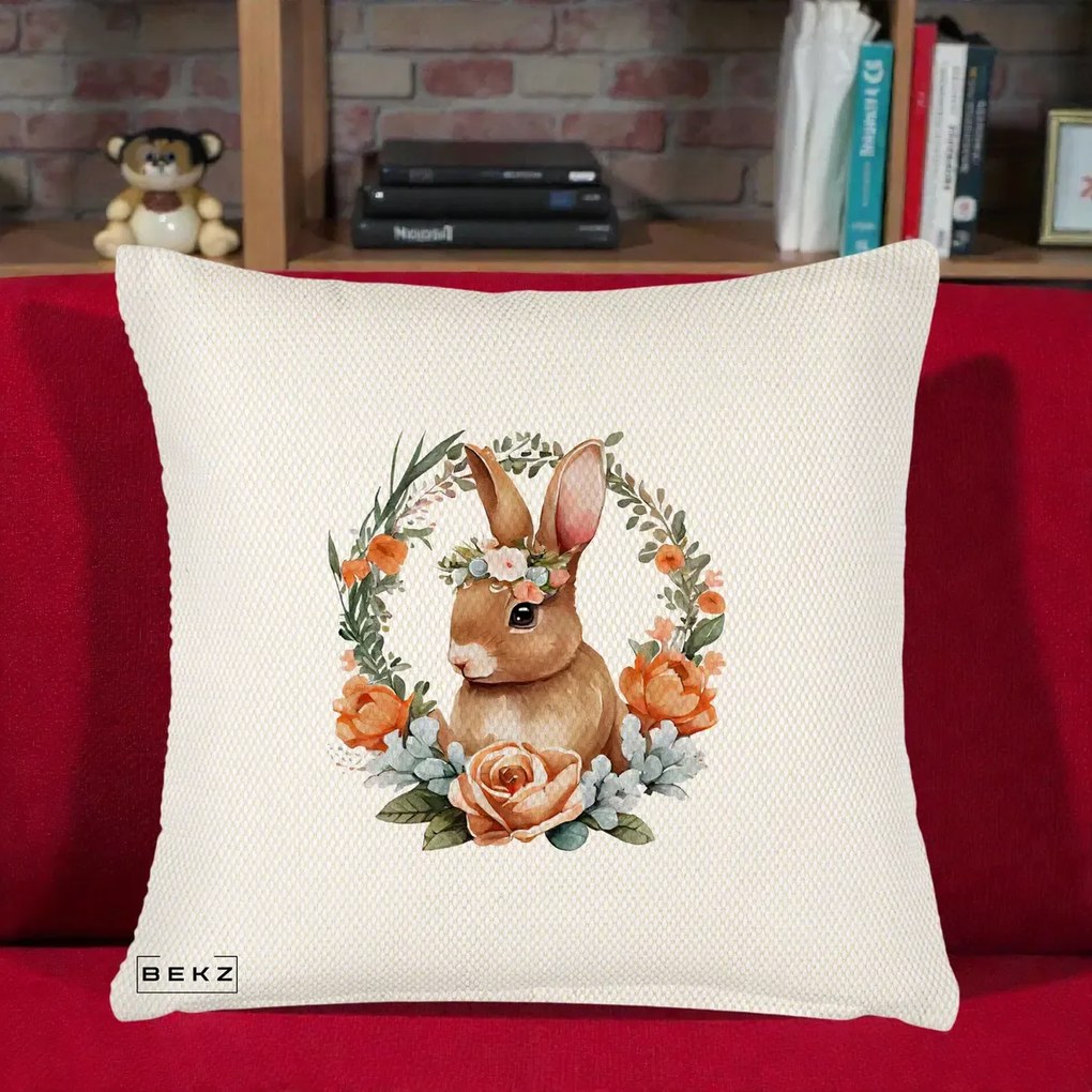 Perna Decorativa Iepuras Floral Coronita Acuarela, 40x40 cm, Crem Reliefat, Husa Detasabila, Perna Inclusa, BEKZ®