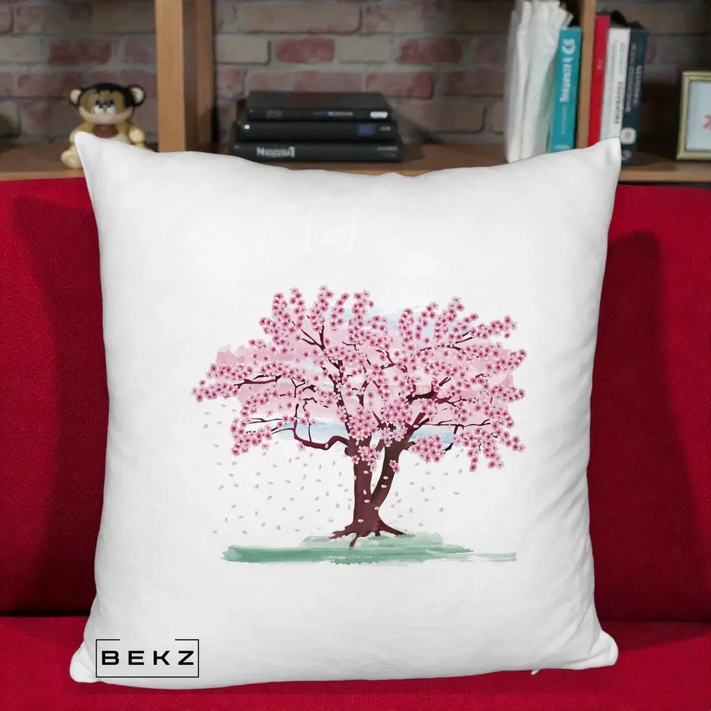 Perna Decorativa Cires Inflorit Acuarela, 40x40 cm, Alb Pufos, Husa Detasabila, Perna Inclusa, BEKZ®