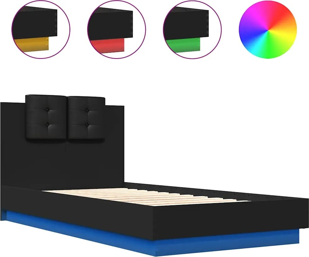 vidaXL Cadru de pat cu tăblie și lumini LED, negru, 75x190 cm