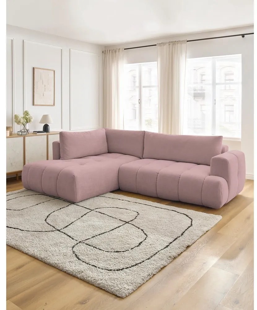 Colțar roz extensibil/cu spațiu de depozitare (cu colț pe partea stângă/în formă de ”L”) Fuji – Bobochic Paris