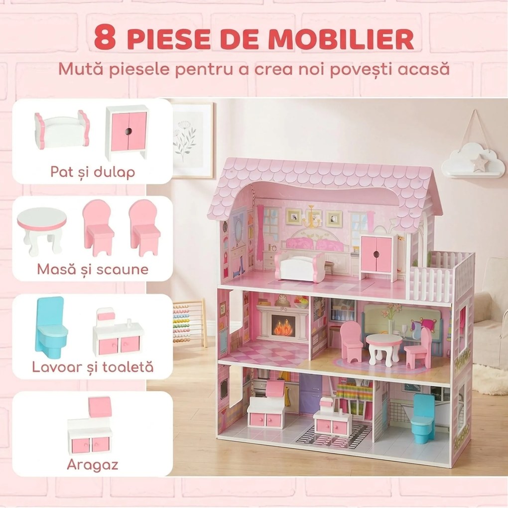 AIYAPLAY Casă de păpuși din lemn pentru copii, 3 niveluri, cu bandă LED DIY, 8 piese de mobilier, 6 camere, 3-6 ani, roz | Aosom Romania