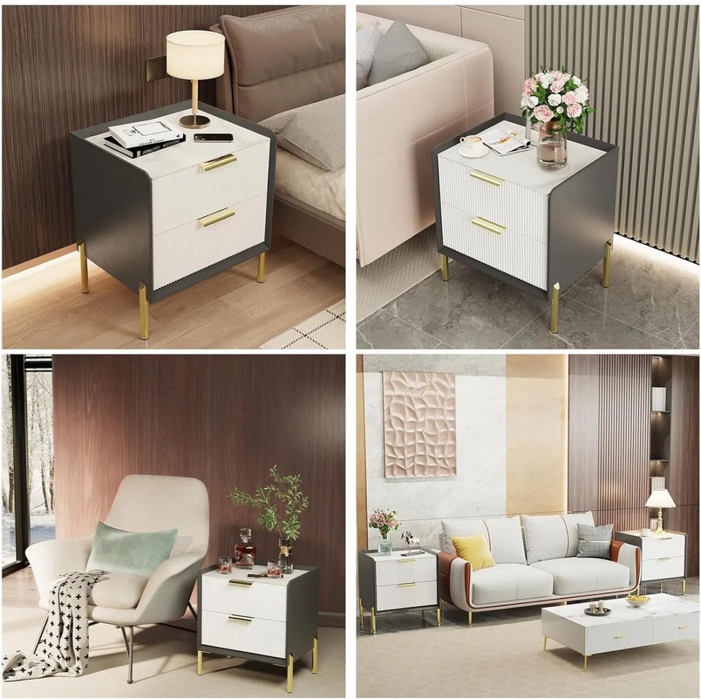 NOG3 - Set 2 Noptiere, 48 cm, cu 2 sertare pentru dormitor, Piele Ecologica si Riflaje - Gri- Alb - Auriu