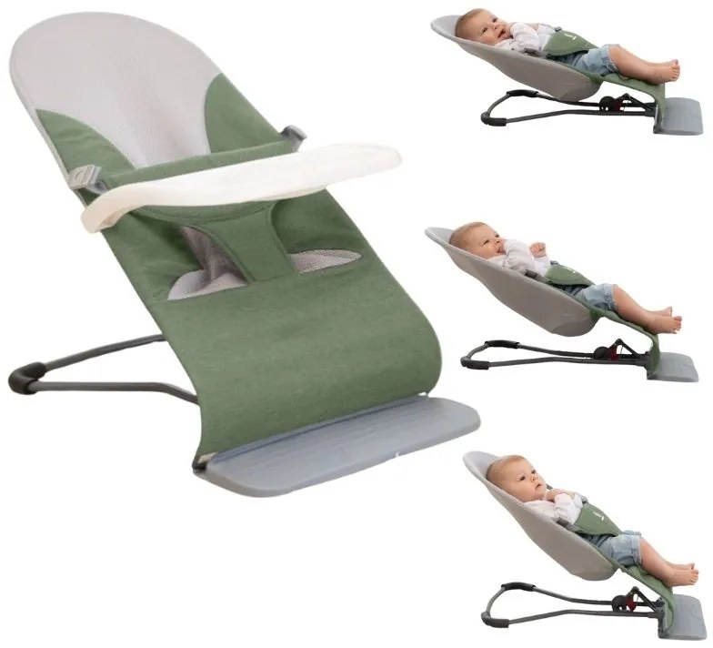 Balansoar bebelusi ergonomic cu 3 pozitii de inclinare a spatarului Kidizi Rumi cu tavita detasabila verde, recomandat de la nastere