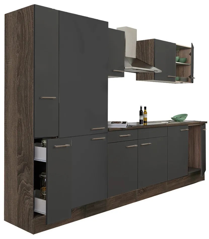 Mobilă de bucătărie Yorki 300, corp stejar Yorki, față antracit satinat, cu dulap cu raft