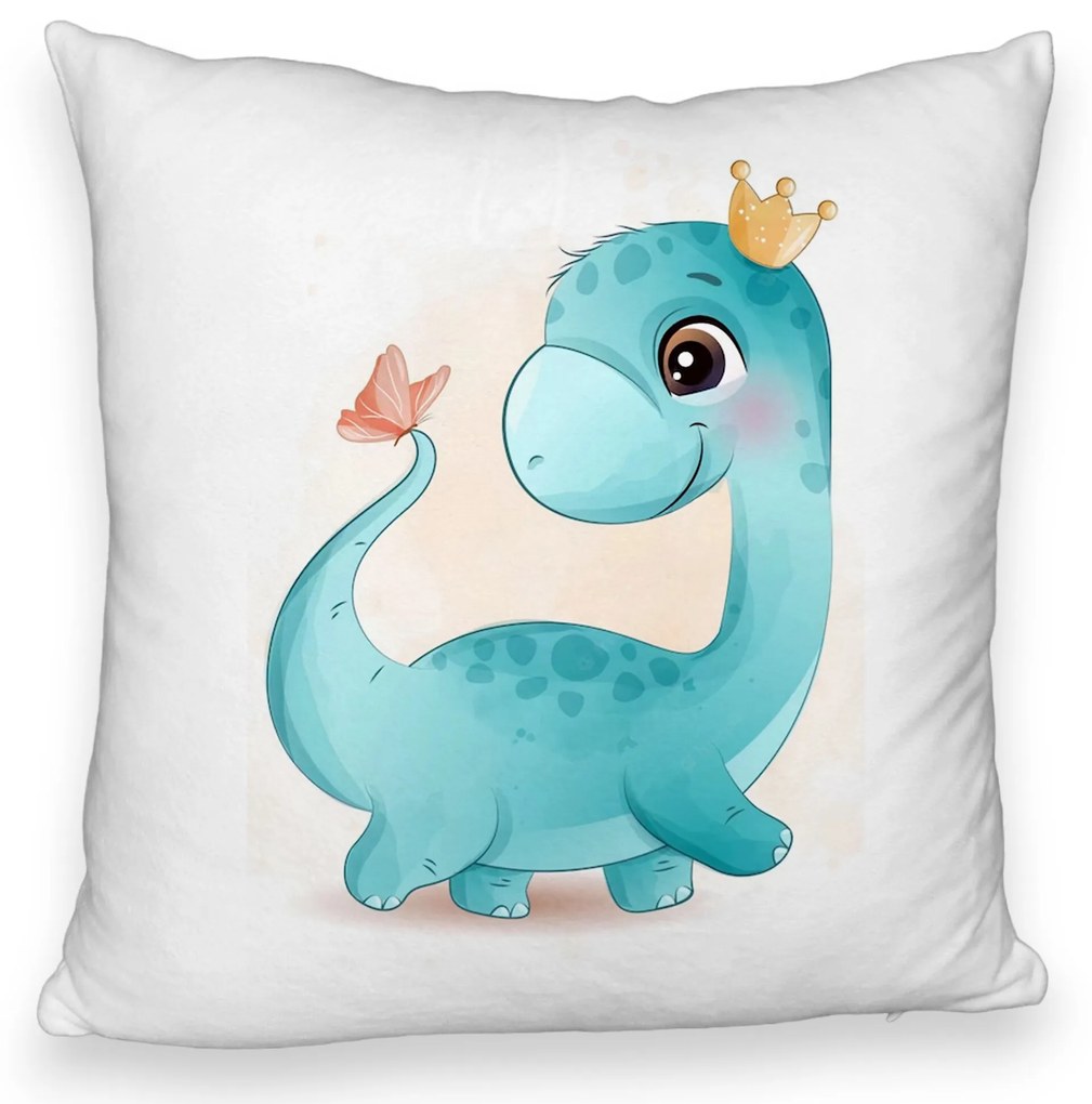 Perna Decorativa Fluffy, Model Blue Baby Dinozaur, 40x40 cm, Alba, Husa Detasabila, Burduf