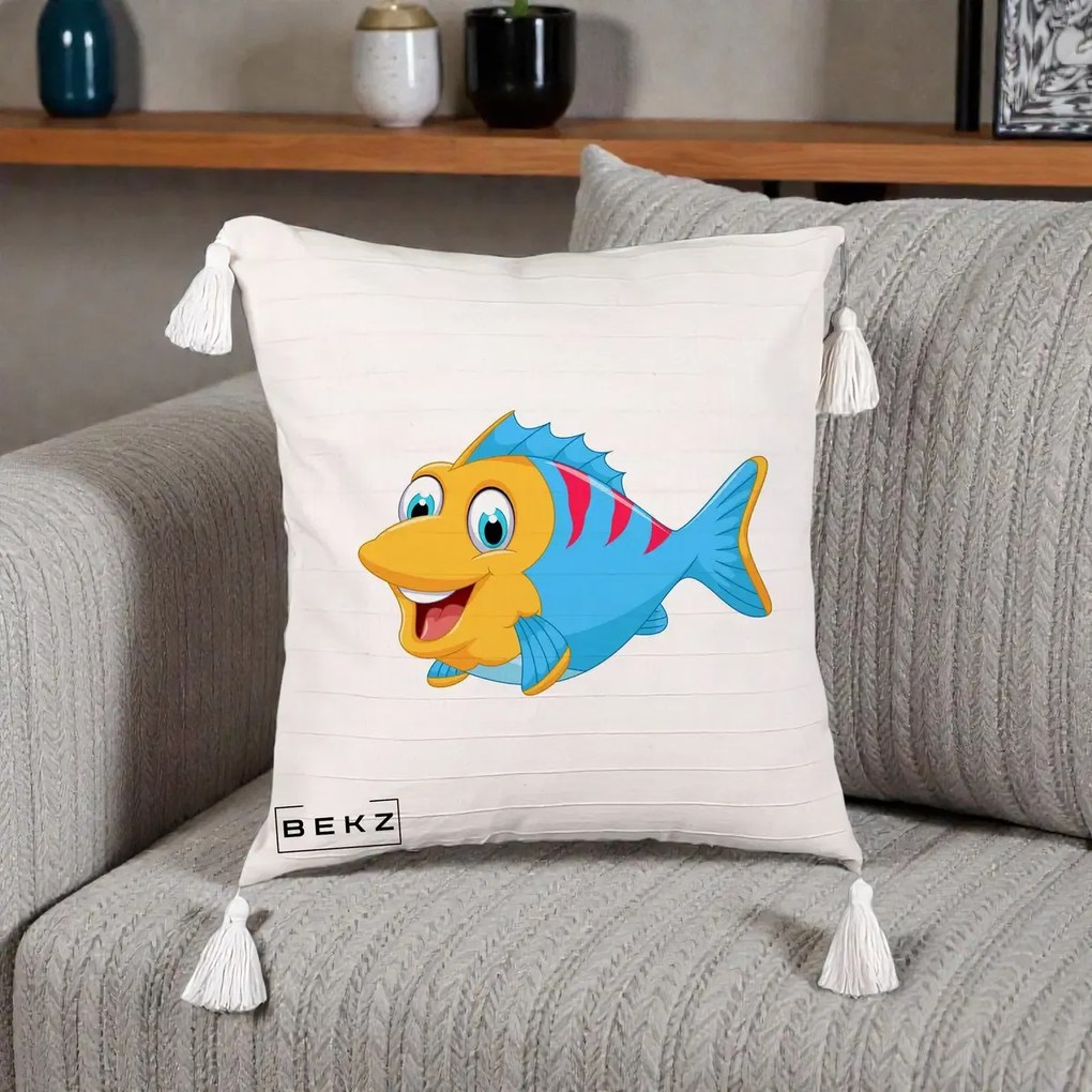 Perna Decorativa Peste Vesel Cartoon, 40x40 cm, Bej cu Franjuri, Husa Detasabila, Perna Inclusa, BEKZ®