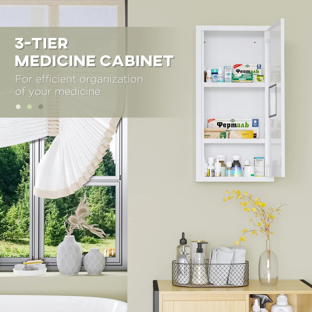 kleankin Dulap Medicamente cu 3 Rafturi și Ușă Magnetică, cu un strat rezistent la apă și rugină 30x12x60 cm, Alb | Aosom Romania