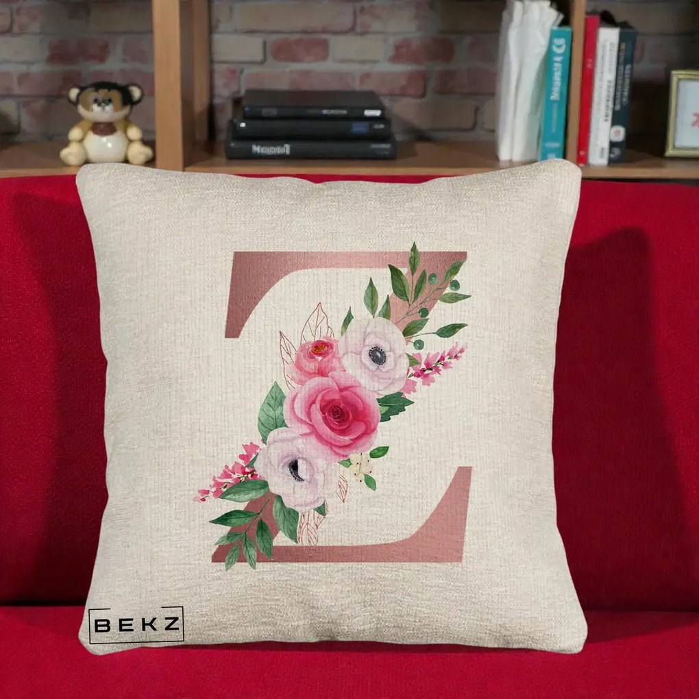 Cadou Personalizat - Perna Personalizata Monograma Rose Gold Litera Z, 40x40 cm, Bej Canapea, Husa Detasabila, Perna Inclusa, BEKZ®