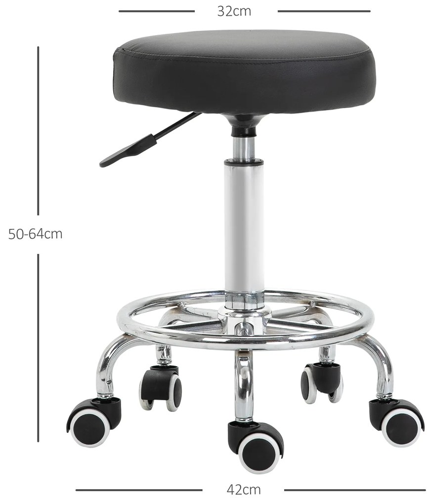 Vinsetto Taburet cu roți, taburet de masaj cu înălțime reglabilă 50-64 cm și șezut căptușit, pivotant 360°, negru | Aosom Romania
