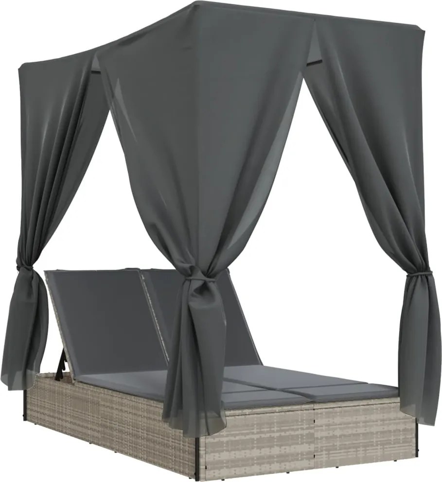 vidaXL Șezlong plajă dublu cu acoperiș perdele, gri deschis, poliratan