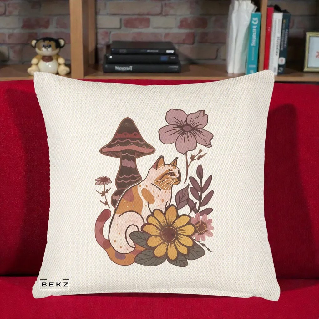 Perna Decorativa Pisica Vintage Florala Boho, 40x40 cm, Crem Reliefat, Husa Detasabila, Perna Inclusa, BEKZ®