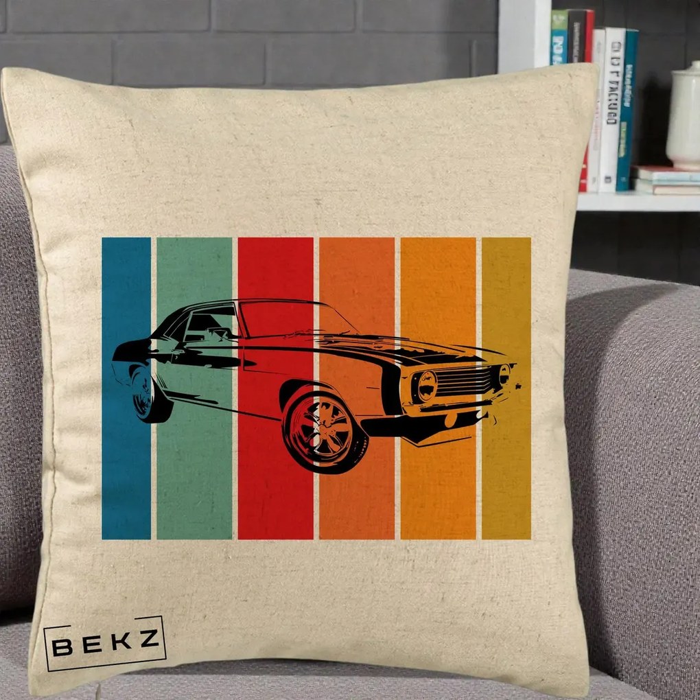 Perna Personalizata Masina Retro Muscle Car Grafic, 40x40 cm, Bej, Husa Detasabila, Perna Inclusa, BEKZ®