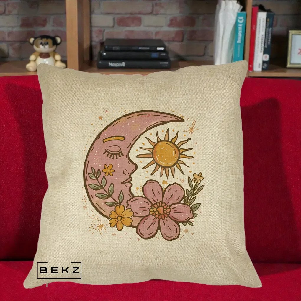 Perna Personalizata Luna si Soare Floral Boho, 40x40 cm, Crem, Husa Detasabila, Perna Inclusa, BEKZ®