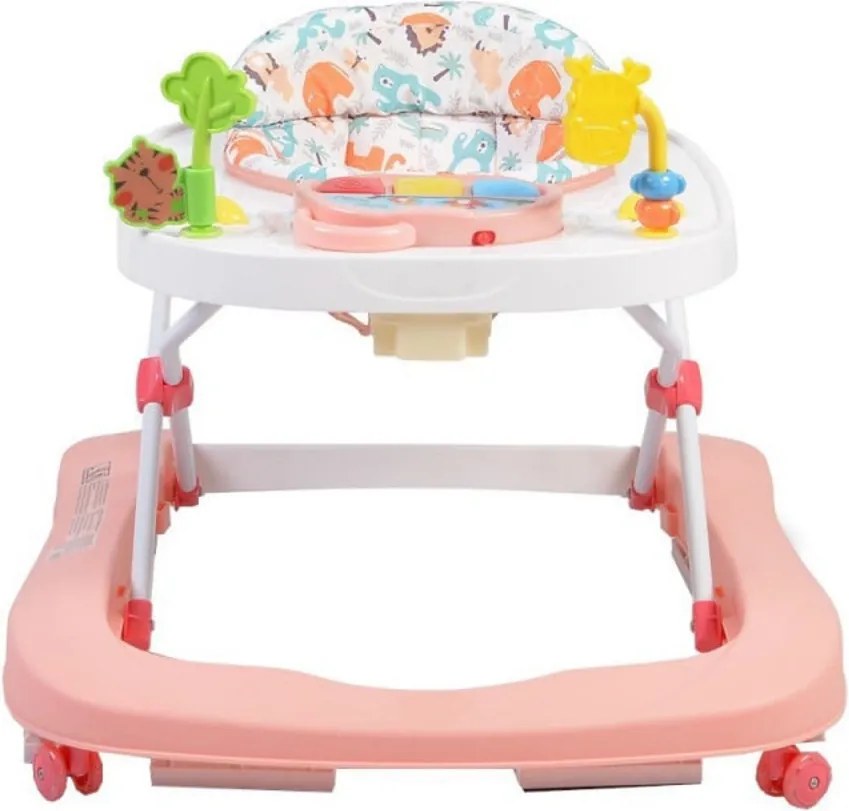 Premergator Premium reglabil in 3 trepte de inaltime NOVOKIDS™ ZooZoo Baby ,Roti silentioase din silicon, Cu melodii, Animalute, Pliabil, Roz