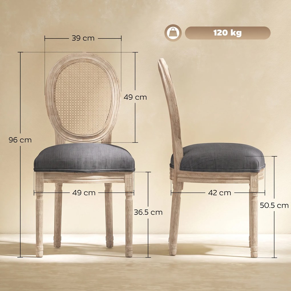HOMCOM Set 2 Scaune de Dining Vintage, Material cu Efect de In, Spătar din Ratan Perforat, Picioare din Lemn, Gri | Aosom Romania