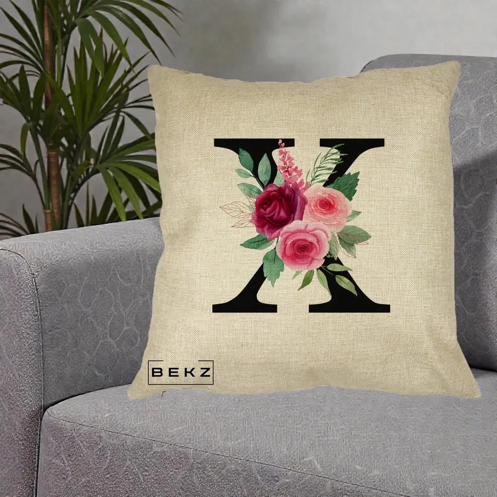 Cadou Personalizat - Perna Personalizata Monograma Florala Litera X cu Buchet, 40x40 cm, Crem, Husa Detasabila, Perna Inclusa, BEKZ®
