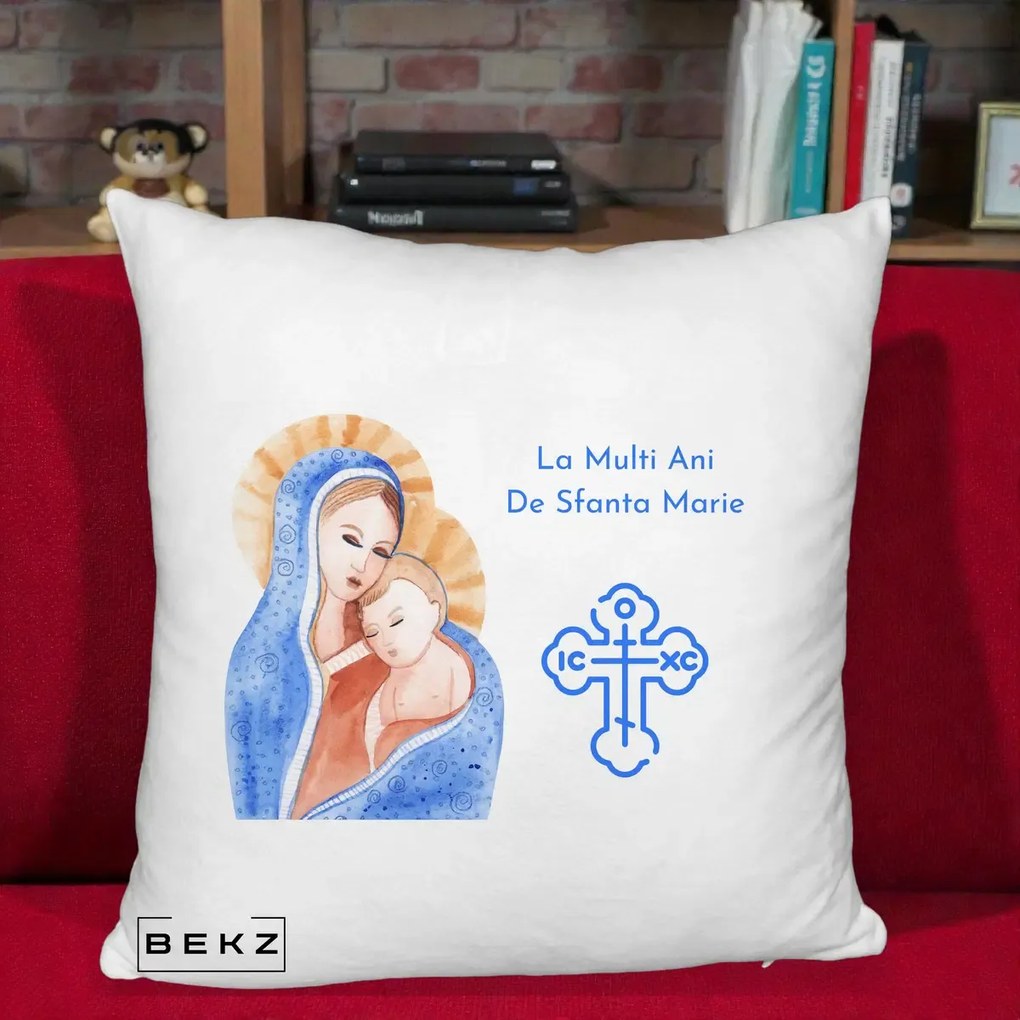 Cadou de Onomastica - Perna Personalizata Sfanta Marie Icoana Acuarela, 40x40 cm, Alb Pufos, Husa Detasabila, Perna Inclusa, BEKZ®