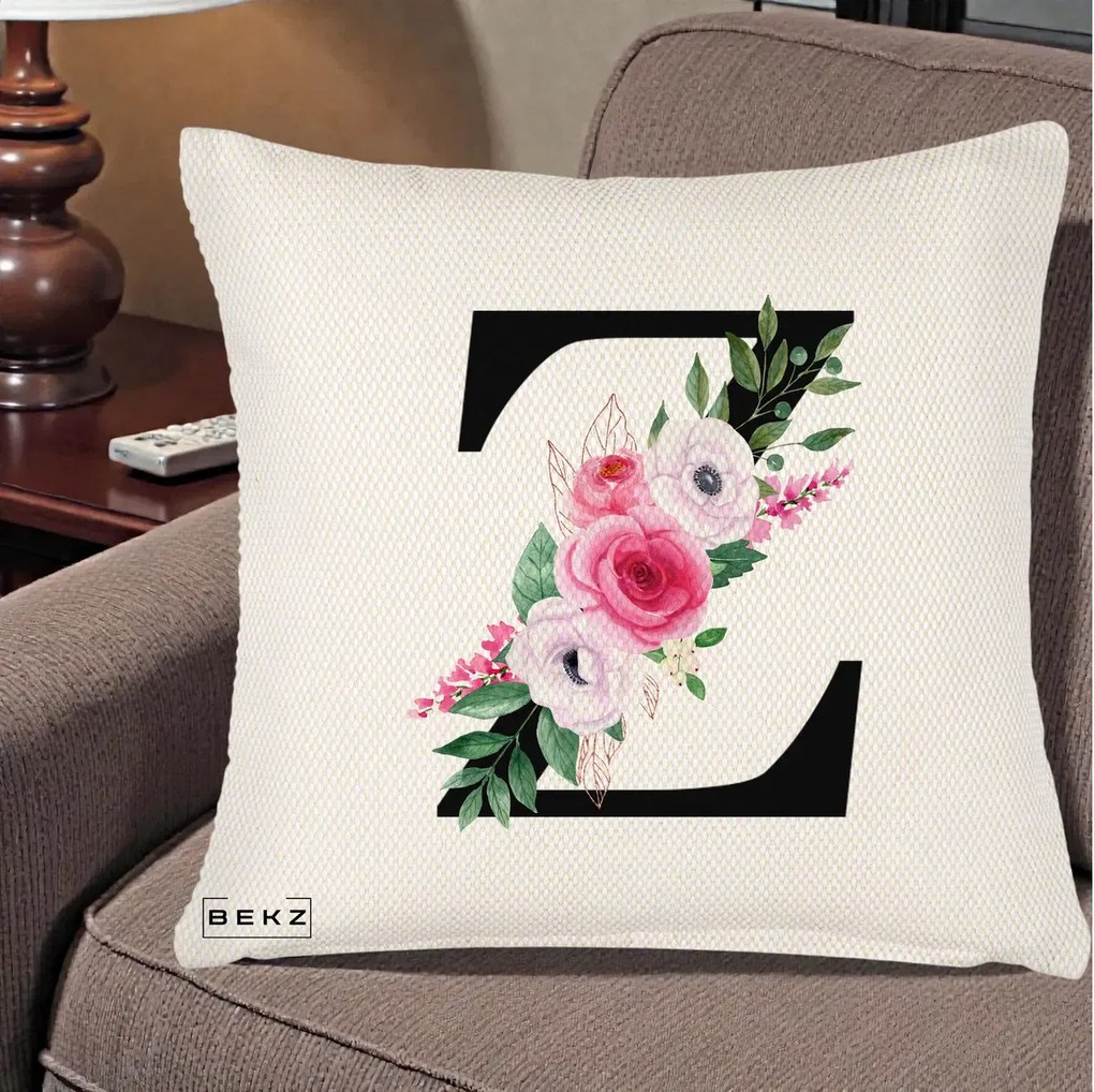 Cadou Personalizat - Perna Personalizata Monograma Florala Litera Z cu Buchet, 40x40 cm, Crem Reliefat, Husa Detasabila, Perna Inclusa, BEKZ®