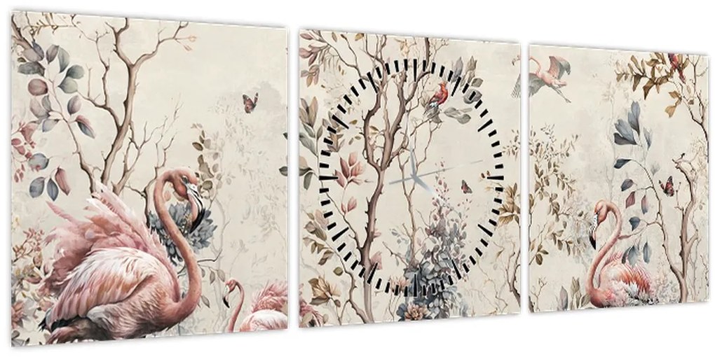 Tablou - Desen de flamingo (cu ceas) (90x30 cm)