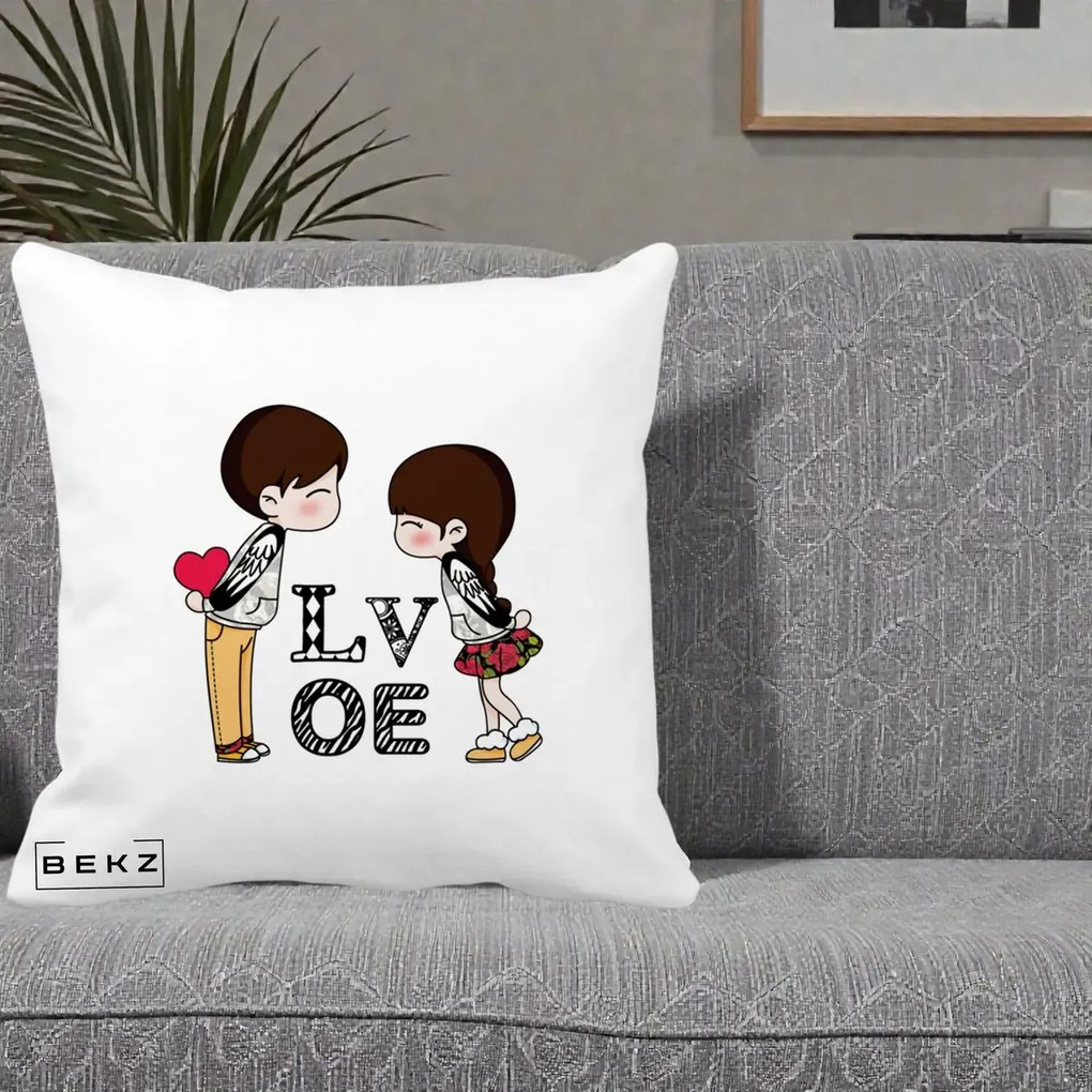 Cadou Romantic - Perna Personalizata Cuplu Kawaii LOVE, 40x40 cm, Alba Mata, Husa Detasabila, Perna Inclusa, BEKZ®