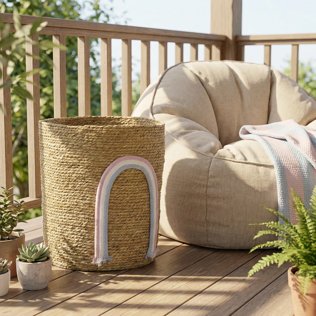 HOMCOM Coș de depozitare 24,7L cu decorațiune curcubeu, coș împletit mare pentru baie, dormitor, natural | Aosom Romania