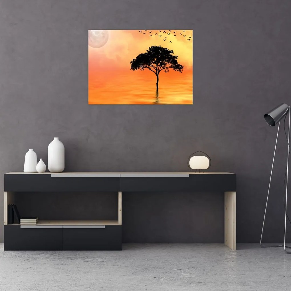 Tablou pe sticlă cu copac în apus de soare (70x50 cm)