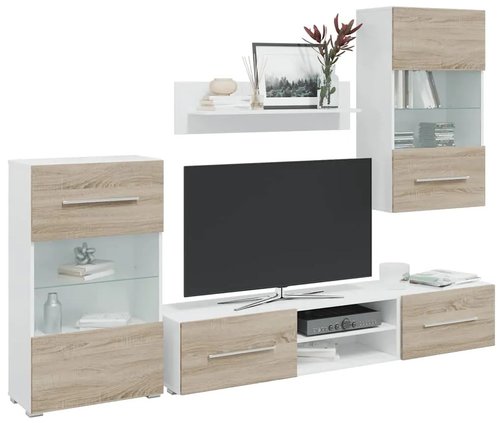 vidaXL Unități TV 5 piese cu iluminare LED lemn de lemn stejar Sonoma