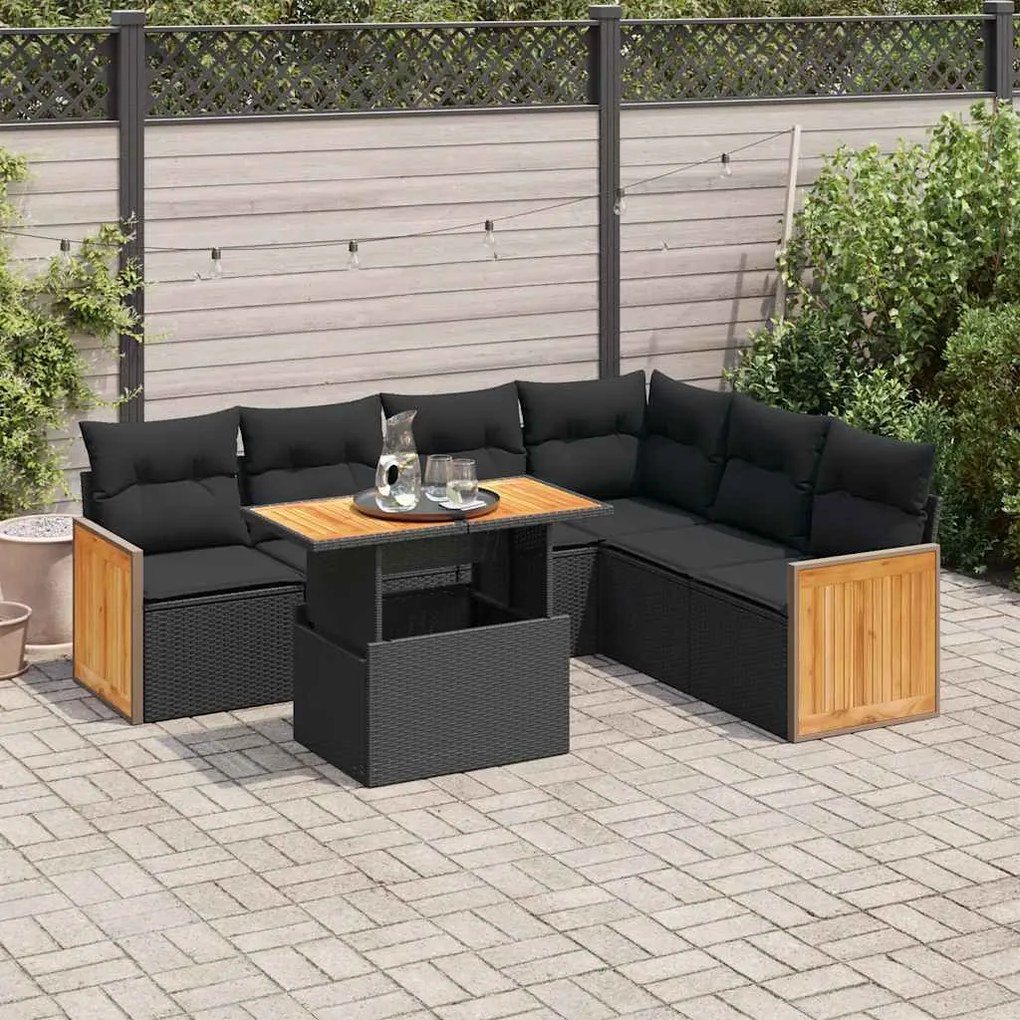 3327716 vidaXL Set canapele grădină perne 7 piese negru, poliratan/lemn acacia