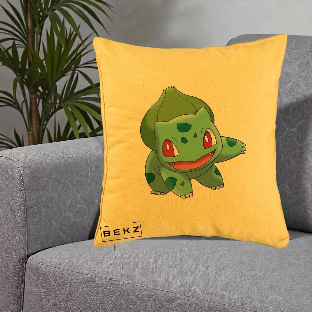 Perna Personalizata Bulbasaur Pokemon, 40x40 cm, Galben, Husa Detasabila, Perna Inclusa, BEKZ®