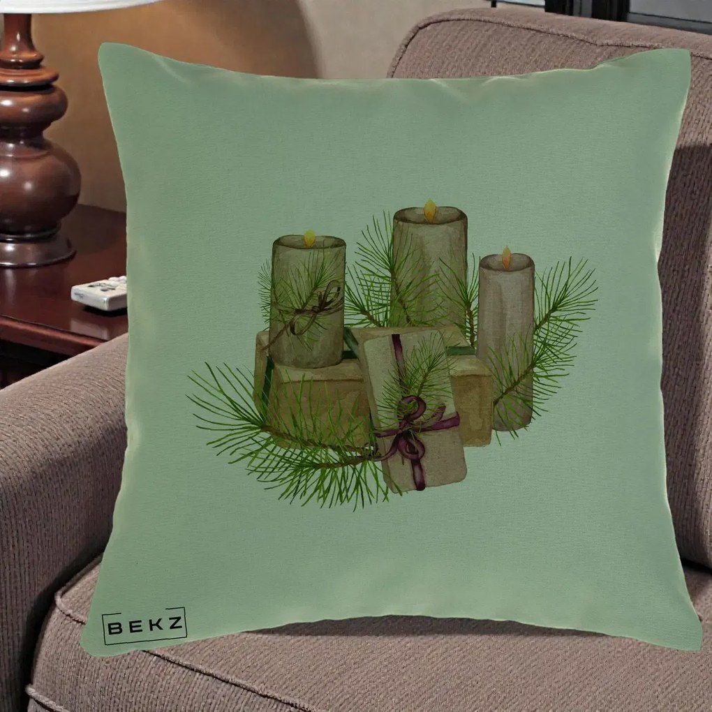 Perna Decorativa Lumanari cu Cadouri Naturale, 40x40 cm, Verde, Husa Detasabila, Perna Inclusa, BEKZ®