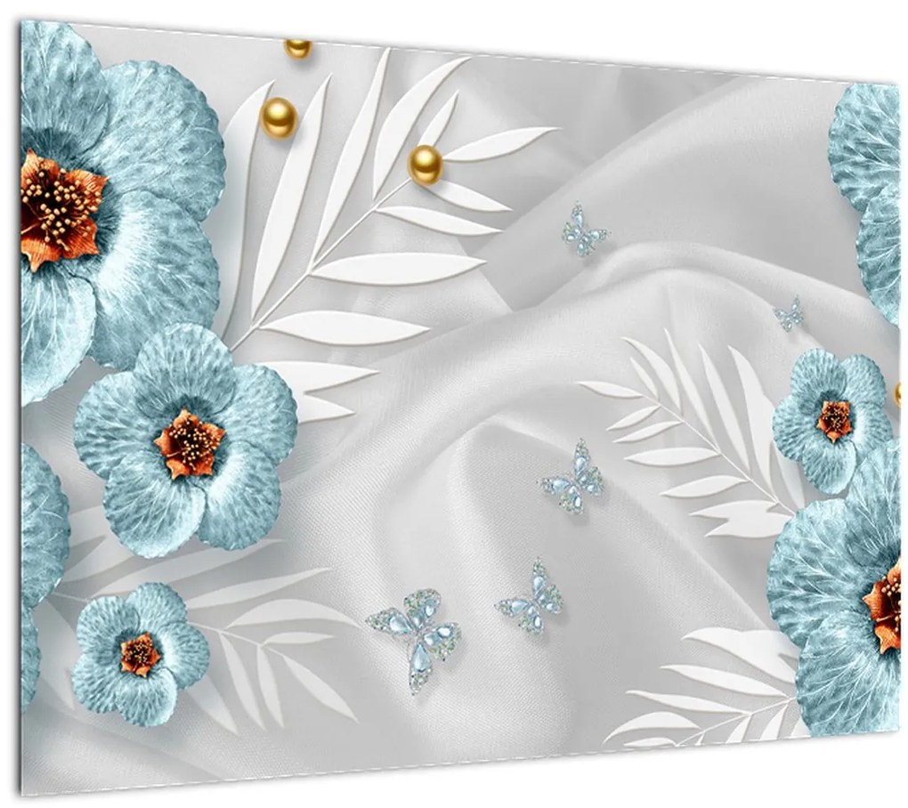 Tablou pe sticlă - 3D Flori albastre (70x50 cm)