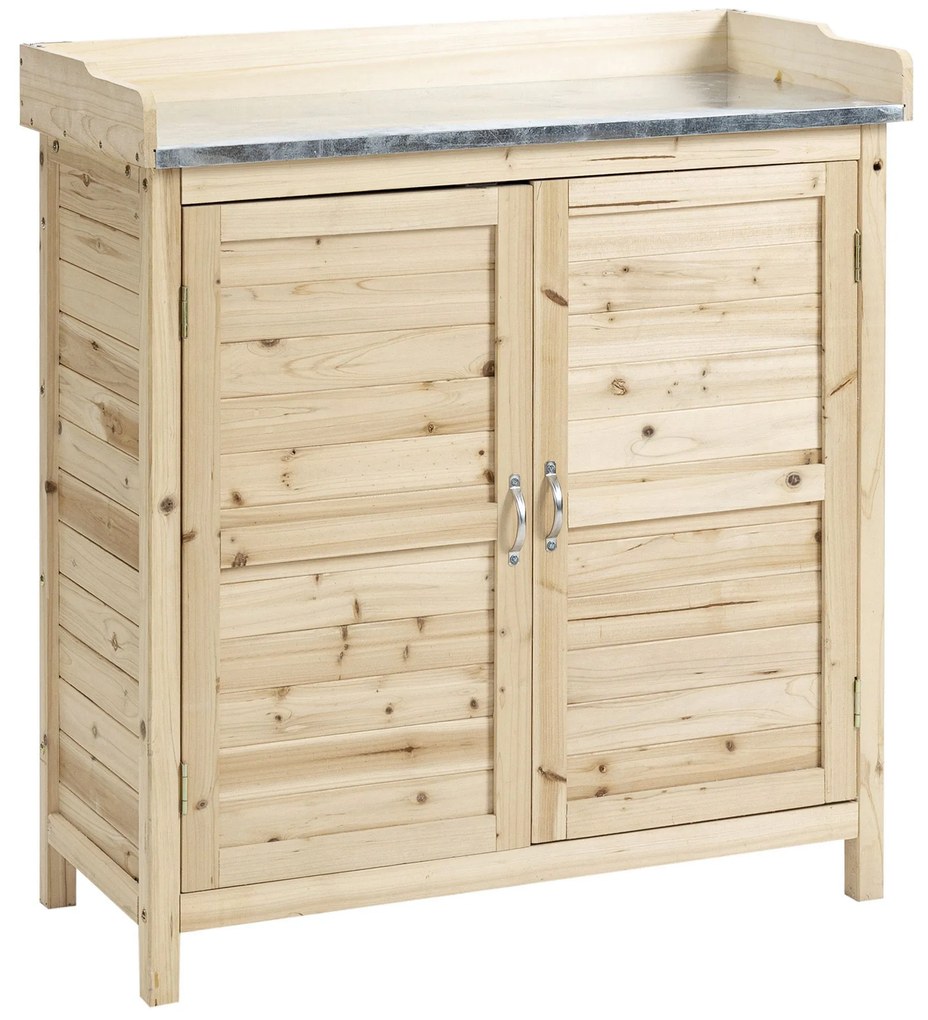 Outsunny Dulap de grădină cu 2 rafturi, suprafață de lucru din metal cu margine ridicată, lemn natural, 83 x 40 x 92 cm | Aosom Romania