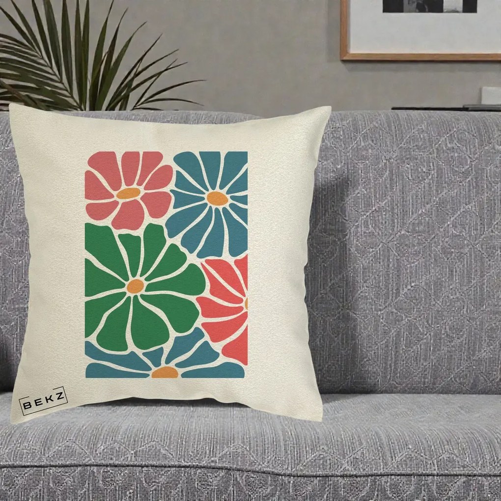Perna Decorativa Flori Grafice Verde-Roz-Albastru, 40x40 cm, Ecru, Husa Detasabila, Perna Inclusa, BEKZ®
