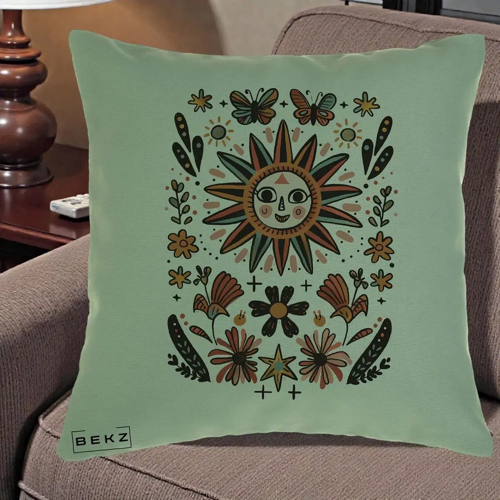 Perna Decorativa Soare Boho Folk Fluturi, 40x40 cm, Verde, Husa Detasabila, Perna Inclusa, BEKZ®