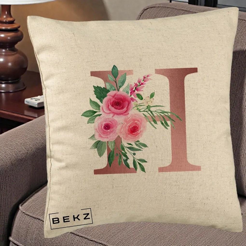 Cadou Personalizat - Perna Personalizata Monograma Rose Gold Litera H, 40x40 cm, Bej, Husa Detasabila, Perna Inclusa, BEKZ®
