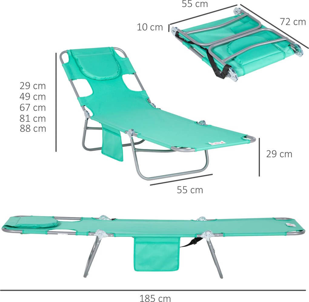 Outsunny Șezlong de grădină, fotoliu cu orificiu pentru față căptușit, saltea de masaj pentru exterior, buzunar lateral, material textil, metal, Grün | Aosom Romania