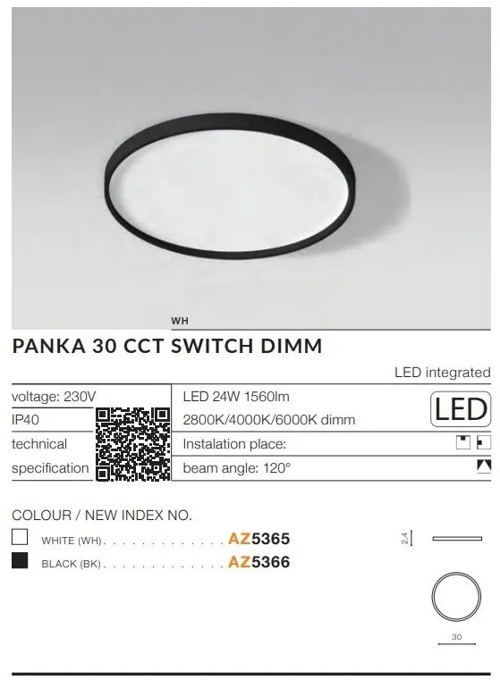 Plafoniera slim LED dimabil, protectie IP40 PANKA 30 CCT alb